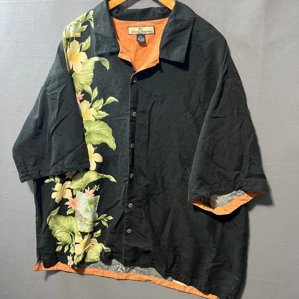 Tommy Bahama Mens XXL Black Silk Floral Swordfish Jacquard Camp Shirt 26x33